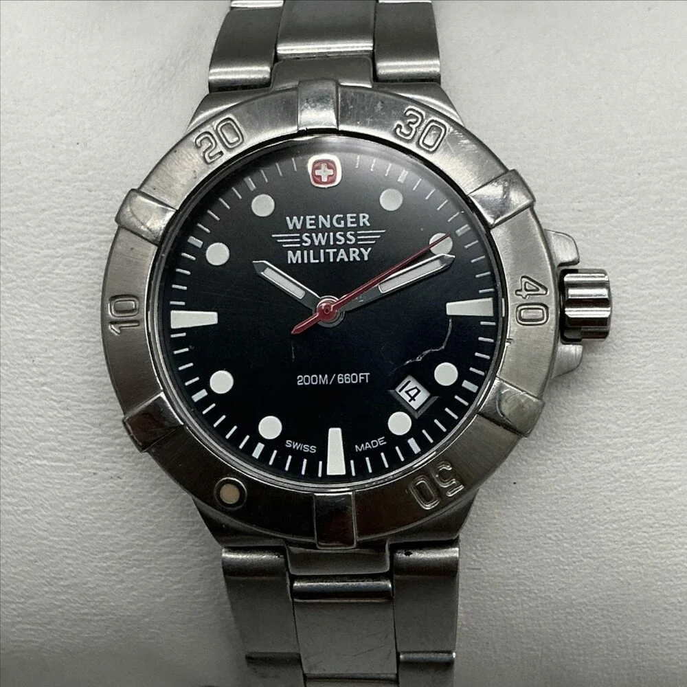 Wenger Swiss Military Womens Watch 30mm Black Dial 200m Stainless New Battery 7